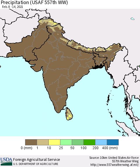 Southern Asia Precipitation (USAF 557th WW) Thematic Map For 2/8/2021 - 2/14/2021