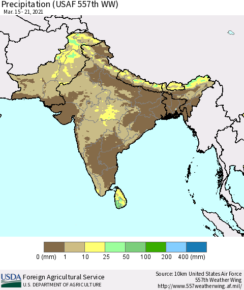 Southern Asia Precipitation (USAF 557th WW) Thematic Map For 3/15/2021 - 3/21/2021