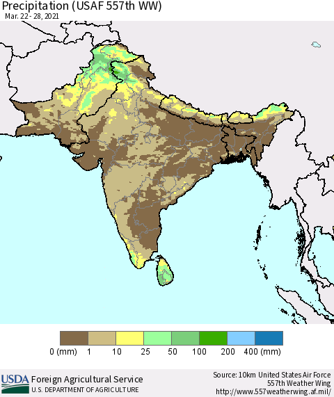 Southern Asia Precipitation (USAF 557th WW) Thematic Map For 3/22/2021 - 3/28/2021