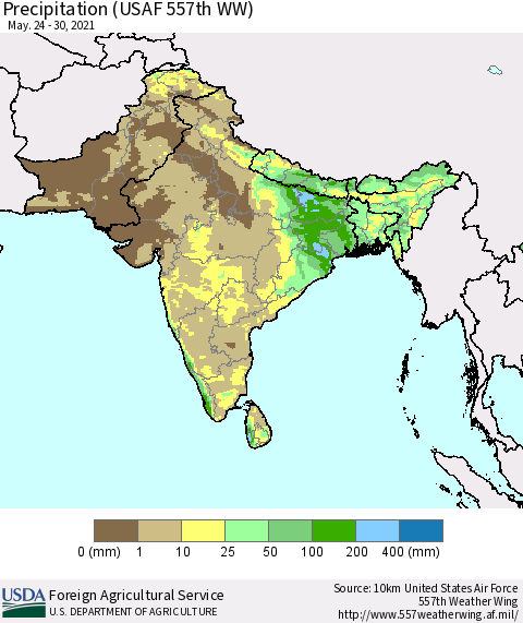 Southern Asia Precipitation (USAF 557th WW) Thematic Map For 5/24/2021 - 5/30/2021