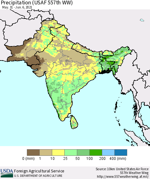 Southern Asia Precipitation (USAF 557th WW) Thematic Map For 5/31/2021 - 6/6/2021