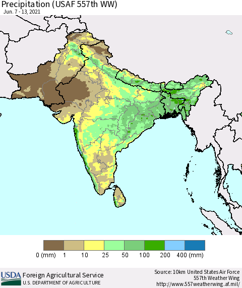 Southern Asia Precipitation (USAF 557th WW) Thematic Map For 6/7/2021 - 6/13/2021