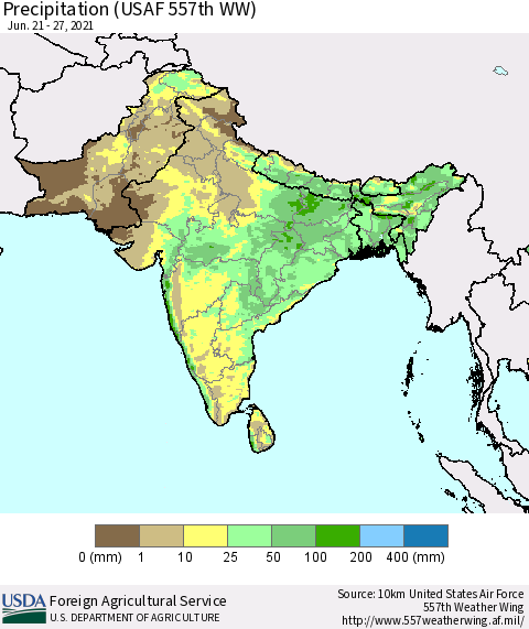 Southern Asia Precipitation (USAF 557th WW) Thematic Map For 6/21/2021 - 6/27/2021