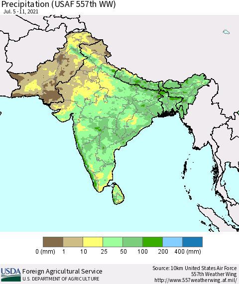 Southern Asia Precipitation (USAF 557th WW) Thematic Map For 7/5/2021 - 7/11/2021