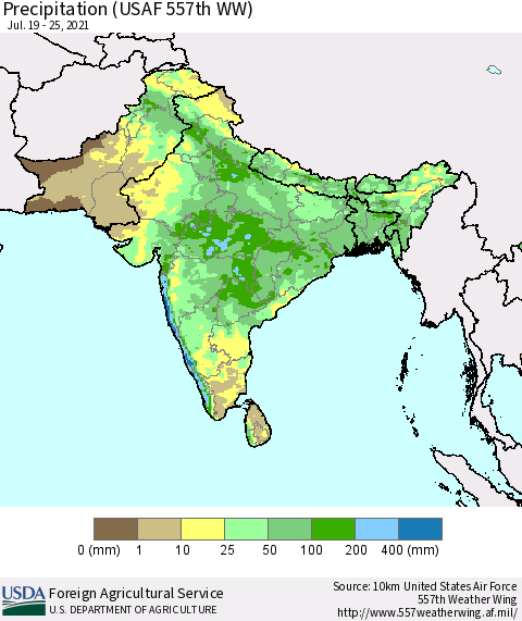 Southern Asia Precipitation (USAF 557th WW) Thematic Map For 7/19/2021 - 7/25/2021