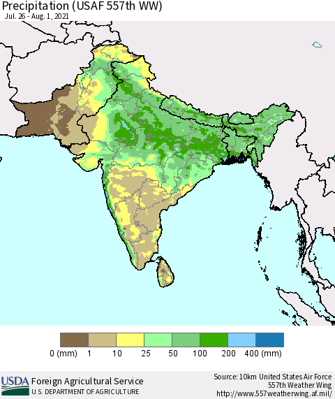 Southern Asia Precipitation (USAF 557th WW) Thematic Map For 7/26/2021 - 8/1/2021