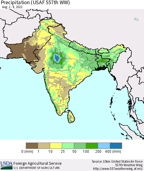 Southern Asia Precipitation (USAF 557th WW) Thematic Map For 8/2/2021 - 8/8/2021
