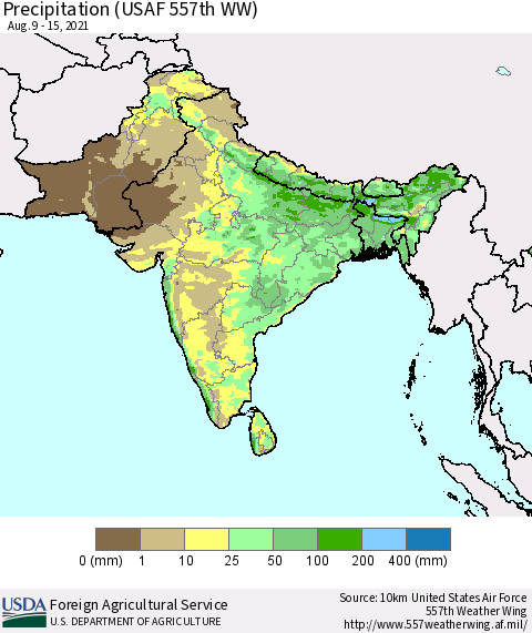 Southern Asia Precipitation (USAF 557th WW) Thematic Map For 8/9/2021 - 8/15/2021