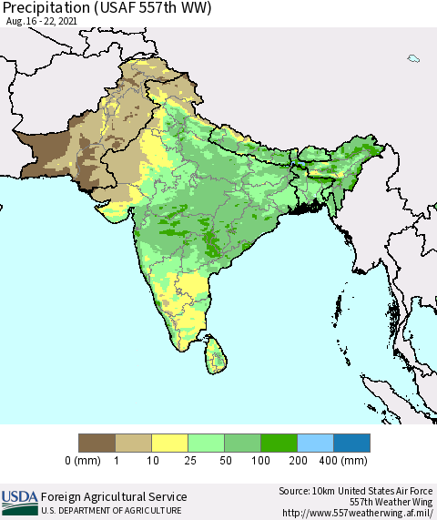 Southern Asia Precipitation (USAF 557th WW) Thematic Map For 8/16/2021 - 8/22/2021