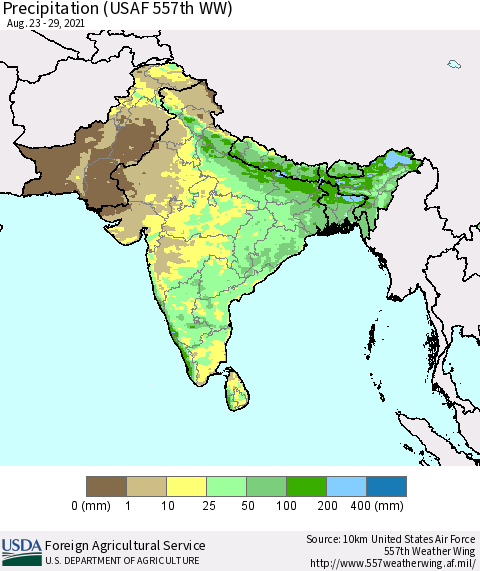 Southern Asia Precipitation (USAF 557th WW) Thematic Map For 8/23/2021 - 8/29/2021