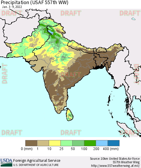 Southern Asia Precipitation (USAF 557th WW) Thematic Map For 1/3/2022 - 1/9/2022