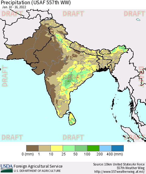 Southern Asia Precipitation (USAF 557th WW) Thematic Map For 1/10/2022 - 1/16/2022