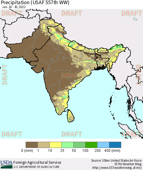 Southern Asia Precipitation (USAF 557th WW) Thematic Map For 1/24/2022 - 1/30/2022
