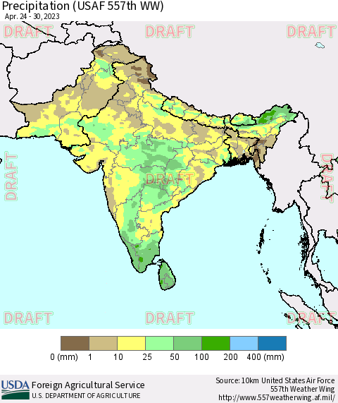 Southern Asia Precipitation (USAF 557th WW) Thematic Map For 4/24/2023 - 4/30/2023