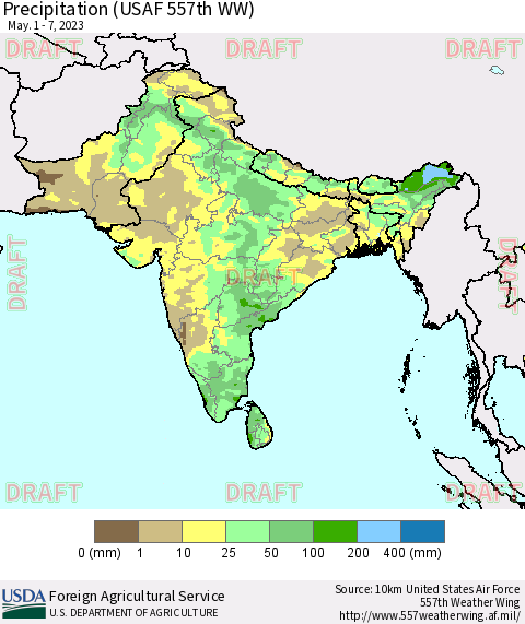 Southern Asia Precipitation (USAF 557th WW) Thematic Map For 5/1/2023 - 5/7/2023