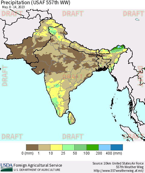 Southern Asia Precipitation (USAF 557th WW) Thematic Map For 5/8/2023 - 5/14/2023