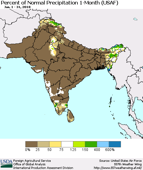 Southern Asia Percent of Normal Precipitation 1-Month (USAF) Thematic Map For 1/1/2018 - 1/31/2018