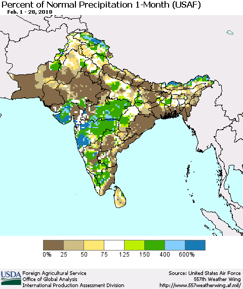 Southern Asia Percent of Normal Precipitation 1-Month (USAF) Thematic Map For 2/1/2018 - 2/28/2018