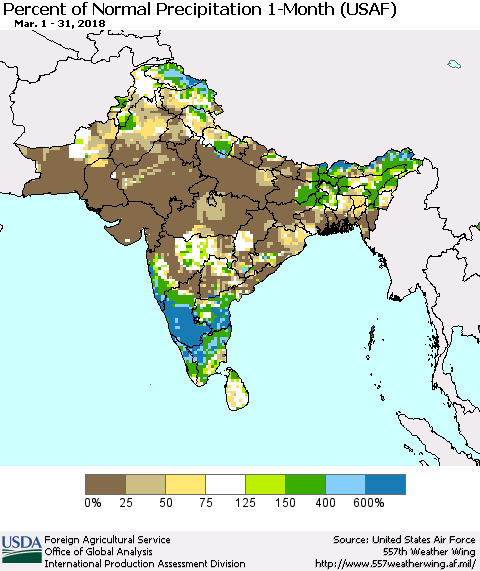 Southern Asia Percent of Normal Precipitation 1-Month (USAF) Thematic Map For 3/1/2018 - 3/31/2018