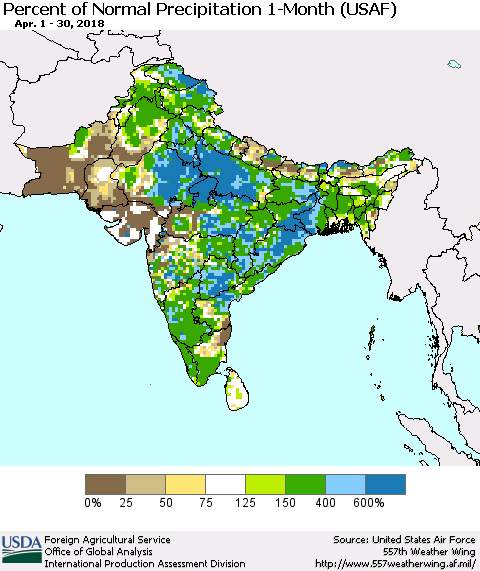 Southern Asia Percent of Normal Precipitation 1-Month (USAF) Thematic Map For 4/1/2018 - 4/30/2018
