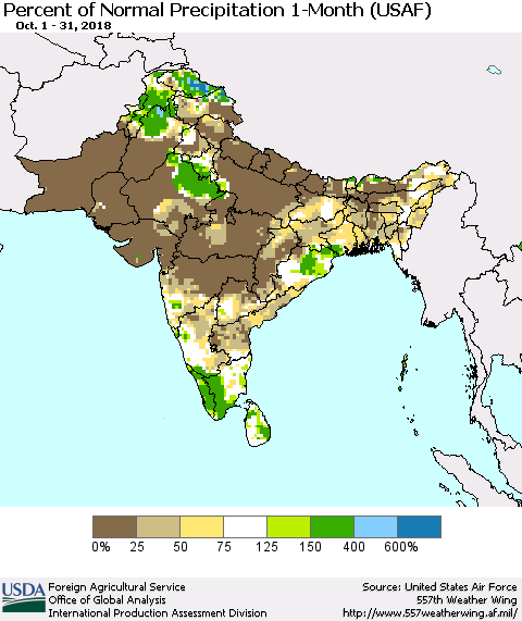 Southern Asia Percent of Normal Precipitation 1-Month (USAF) Thematic Map For 10/1/2018 - 10/31/2018