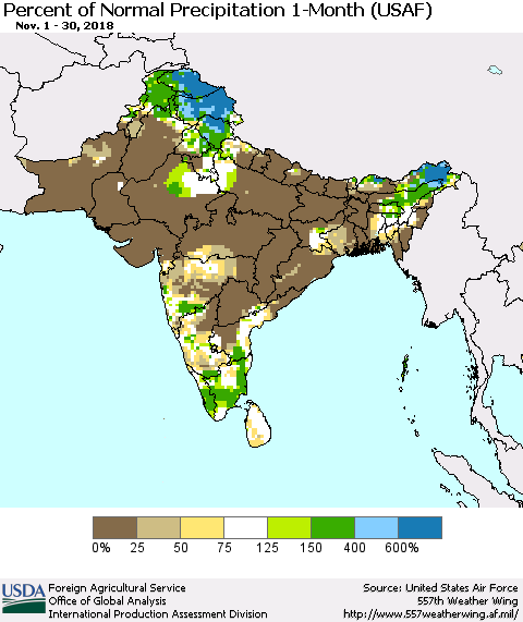 Southern Asia Percent of Normal Precipitation 1-Month (USAF) Thematic Map For 11/1/2018 - 11/30/2018
