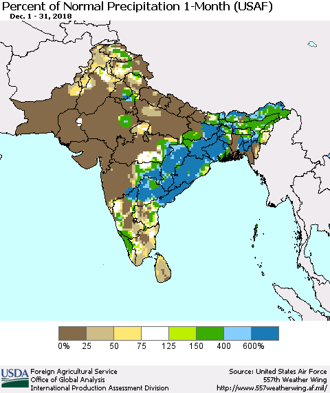 Southern Asia Percent of Normal Precipitation 1-Month (USAF) Thematic Map For 12/1/2018 - 12/31/2018