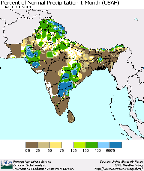 Southern Asia Percent of Normal Precipitation 1-Month (USAF) Thematic Map For 1/1/2019 - 1/31/2019