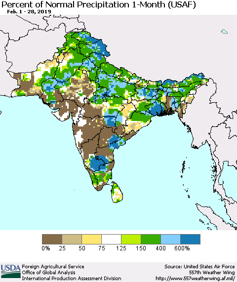 Southern Asia Percent of Normal Precipitation 1-Month (USAF) Thematic Map For 2/1/2019 - 2/28/2019