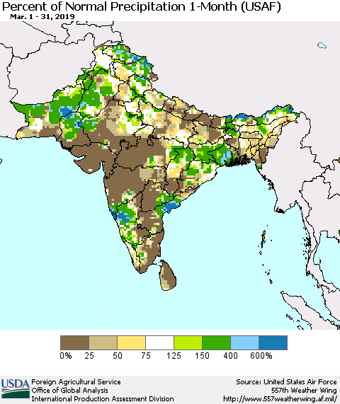 Southern Asia Percent of Normal Precipitation 1-Month (USAF) Thematic Map For 3/1/2019 - 3/31/2019
