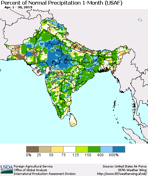 Southern Asia Percent of Normal Precipitation 1-Month (USAF) Thematic Map For 4/1/2019 - 4/30/2019