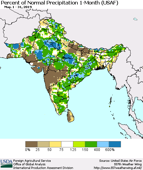 Southern Asia Percent of Normal Precipitation 1-Month (USAF) Thematic Map For 5/1/2019 - 5/31/2019