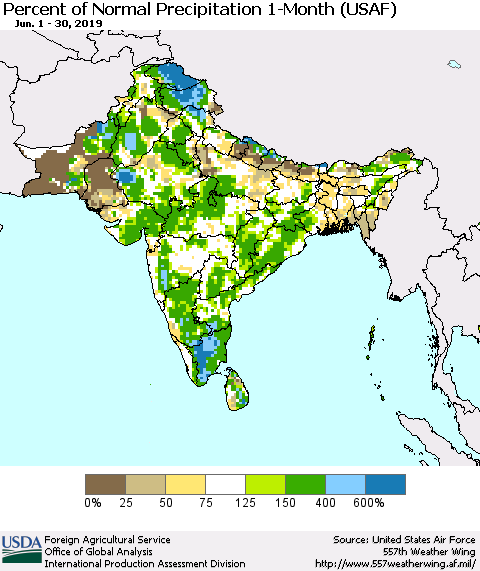 Southern Asia Percent of Normal Precipitation 1-Month (USAF) Thematic Map For 6/1/2019 - 6/30/2019