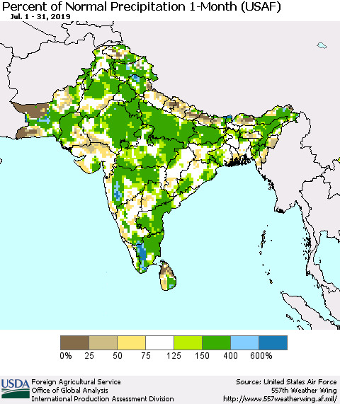 Southern Asia Percent of Normal Precipitation 1-Month (USAF) Thematic Map For 7/1/2019 - 7/31/2019