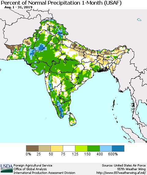 Southern Asia Percent of Normal Precipitation 1-Month (USAF) Thematic Map For 8/1/2019 - 8/31/2019