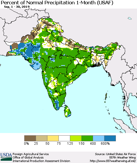 Southern Asia Percent of Normal Precipitation 1-Month (USAF) Thematic Map For 9/1/2019 - 9/30/2019