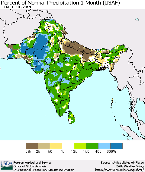 Southern Asia Percent of Normal Precipitation 1-Month (USAF) Thematic Map For 10/1/2019 - 10/31/2019