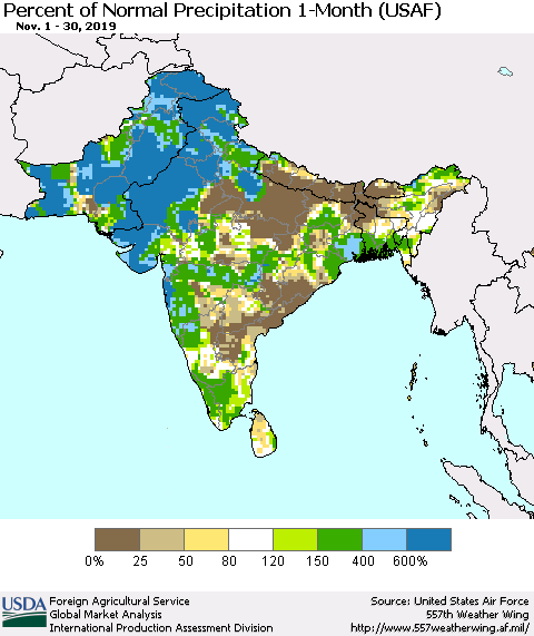 Southern Asia Percent of Normal Precipitation 1-Month (USAF) Thematic Map For 11/1/2019 - 11/30/2019