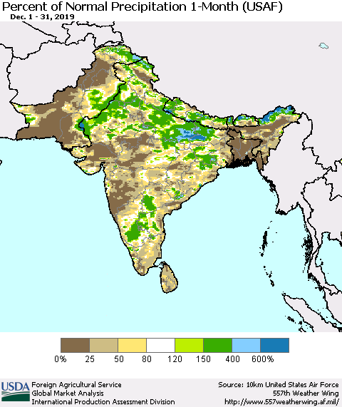 Southern Asia Percent of Normal Precipitation 1-Month (USAF) Thematic Map For 12/1/2019 - 12/31/2019