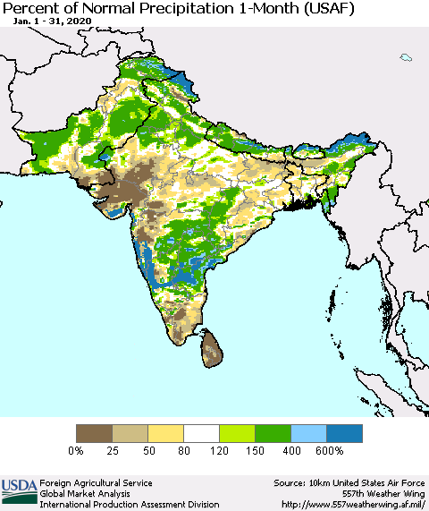 Southern Asia Percent of Normal Precipitation 1-Month (USAF) Thematic Map For 1/1/2020 - 1/31/2020