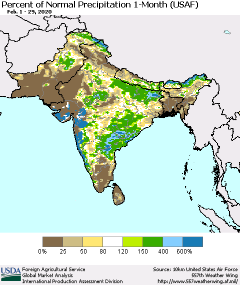 Southern Asia Percent of Normal Precipitation 1-Month (USAF) Thematic Map For 2/1/2020 - 2/29/2020