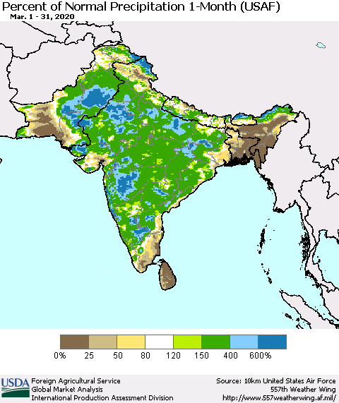 Southern Asia Percent of Normal Precipitation 1-Month (USAF) Thematic Map For 3/1/2020 - 3/31/2020