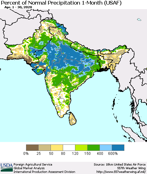 Southern Asia Percent of Normal Precipitation 1-Month (USAF) Thematic Map For 4/1/2020 - 4/30/2020