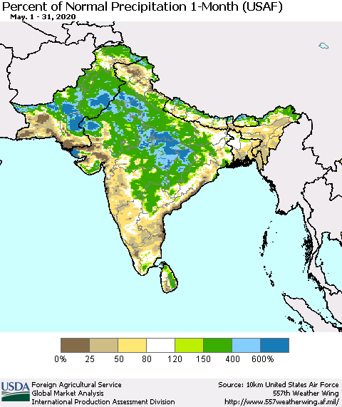 Southern Asia Percent of Normal Precipitation 1-Month (USAF) Thematic Map For 5/1/2020 - 5/31/2020
