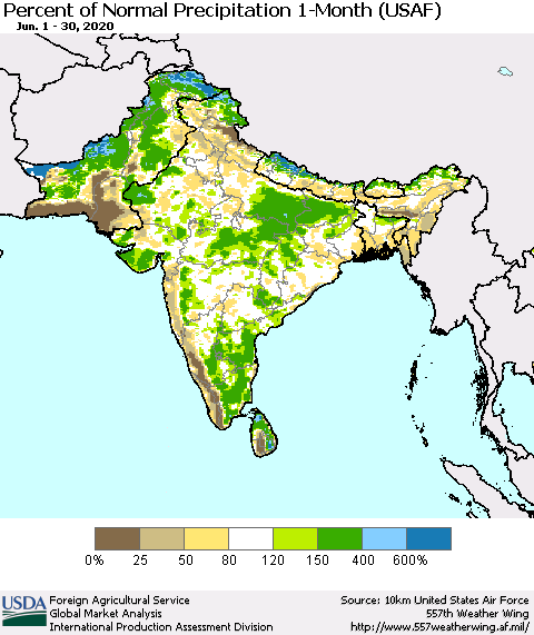 Southern Asia Percent of Normal Precipitation 1-Month (USAF) Thematic Map For 6/1/2020 - 6/30/2020