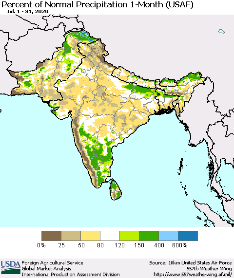 Southern Asia Percent of Normal Precipitation 1-Month (USAF) Thematic Map For 7/1/2020 - 7/31/2020