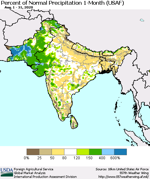 Southern Asia Percent of Normal Precipitation 1-Month (USAF) Thematic Map For 8/1/2020 - 8/31/2020