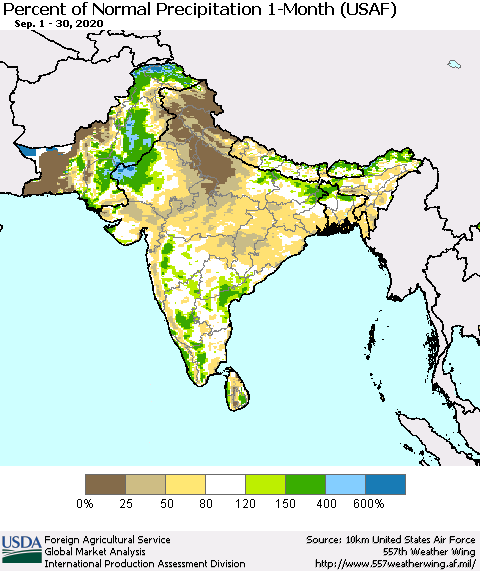 Southern Asia Percent of Normal Precipitation 1-Month (USAF) Thematic Map For 9/1/2020 - 9/30/2020