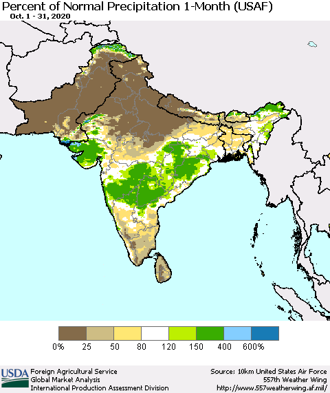 Southern Asia Percent of Normal Precipitation 1-Month (USAF) Thematic Map For 10/1/2020 - 10/31/2020