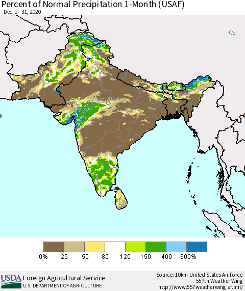 Southern Asia Percent of Normal Precipitation 1-Month (USAF) Thematic Map For 12/1/2020 - 12/31/2020
